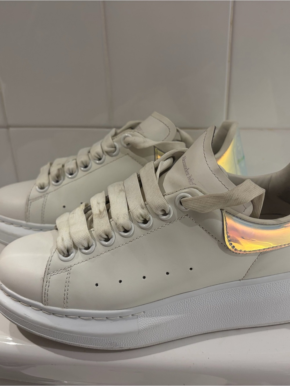 Alexander McQueen Cream Platform Sneakers with Iridescent Heel